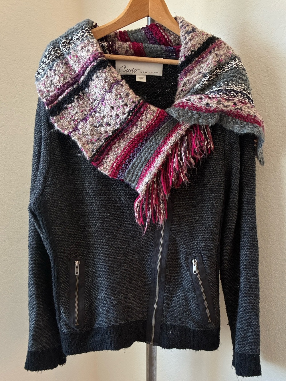 Curio New York sz L Fringe Cardigan Sweater Grey Purple Pink Zipper Quirky Arty